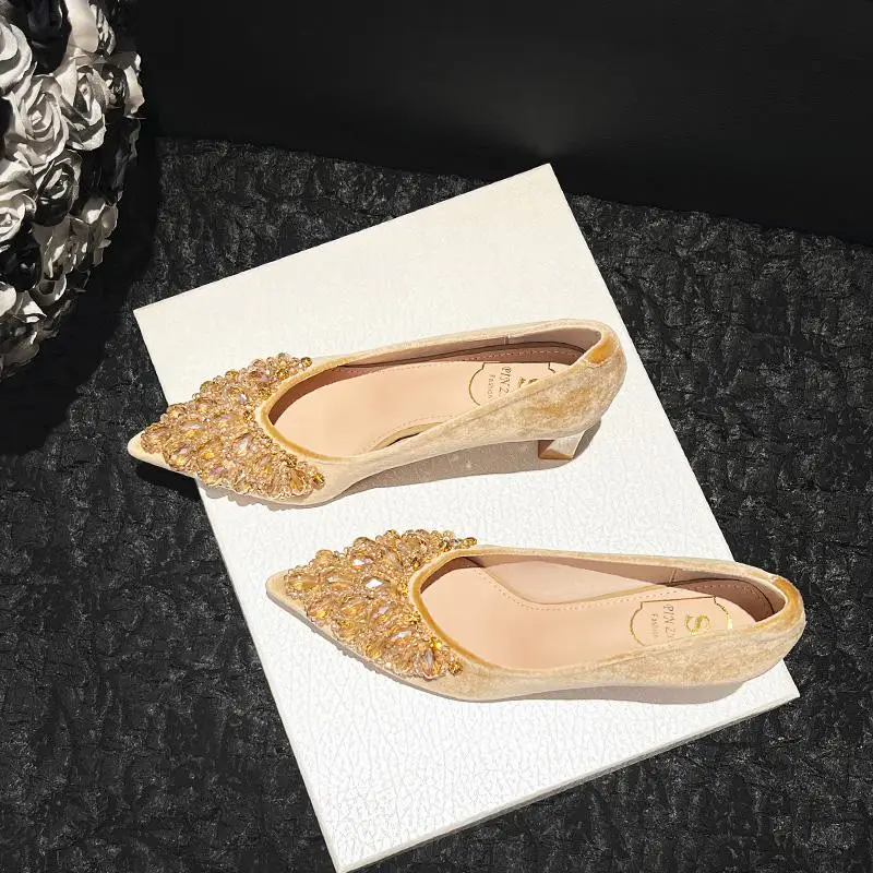 Elegant Crystal Embellished Velvet High Heels Women's Chunky Heel Single Shoes Fashionable Trendy Slip-On Daily Wear