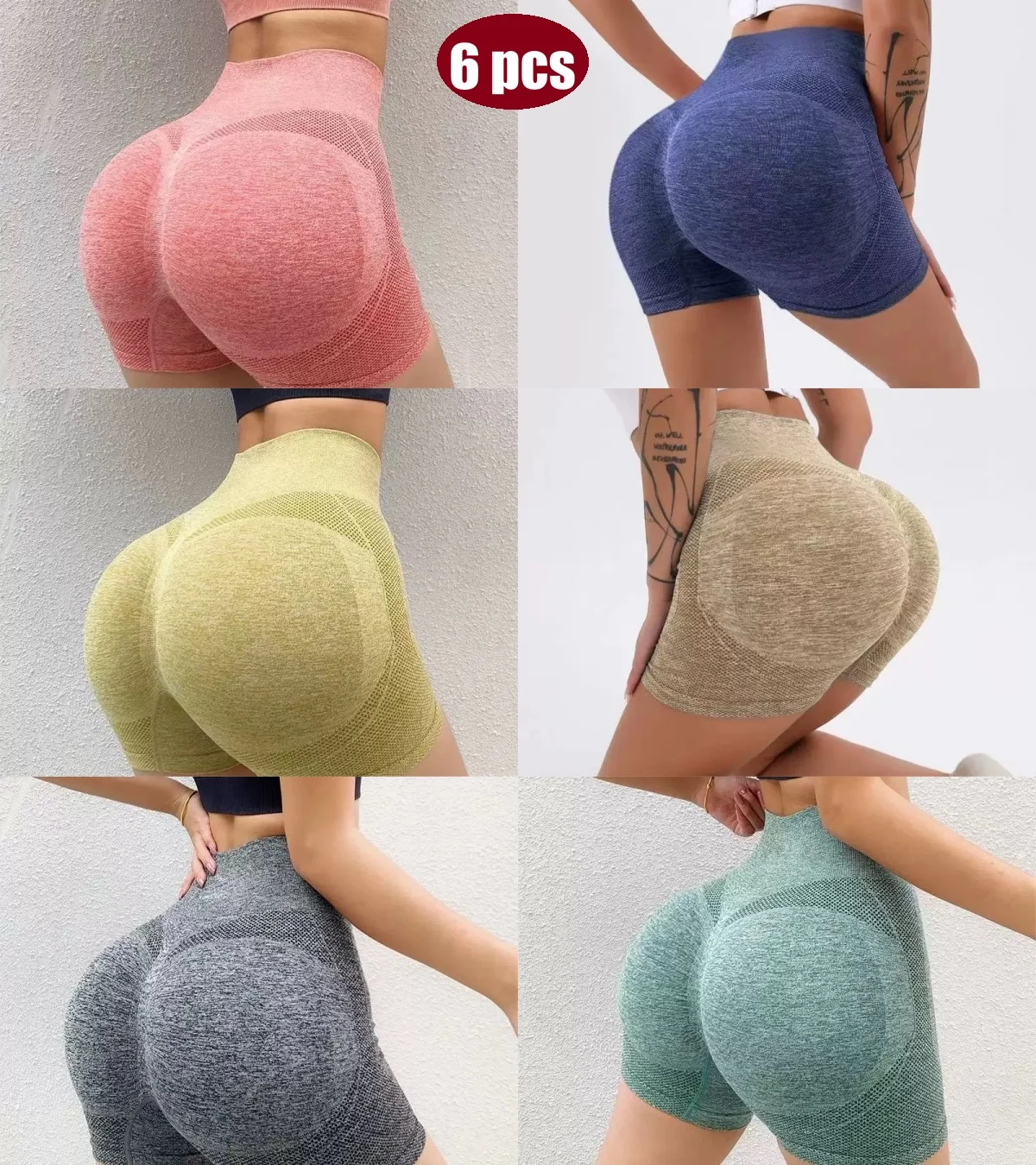 

6 pcs women's seamless yoga sports shorts with high waist, abdominal support, elastic tight pants, peach-bottom seamless quick