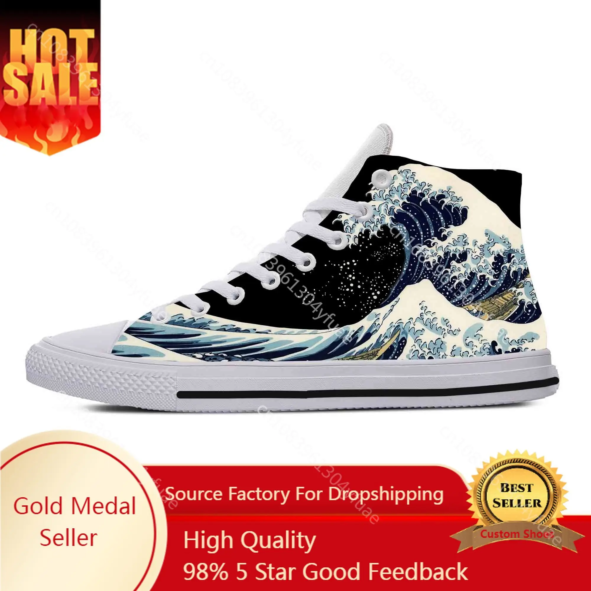 Japanese Anime Cartoon Great Wave Off Kanagawa Casual Cloth Shoes High Top Comfortable Breathable 3D Print Men Women Sneakers