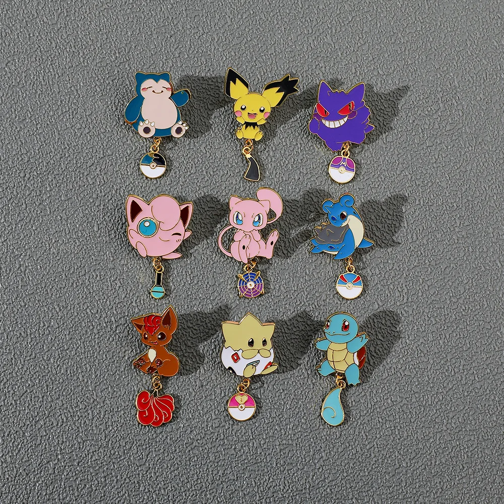 Pokemon Charm Pins Jigglypuff Gengar Vulpix Mew Lapras Pichu Squirtle Togepi Snorlax withTail and PokeBall Broches Fans Gifts view 2