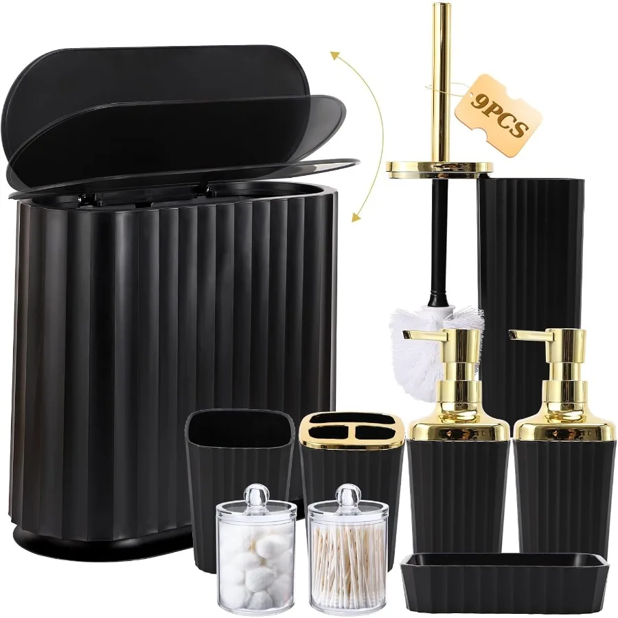 Black Bathroom Accessories Set 9PCS Bathroom Sets with Slim Narrow Trash Can with Press Top Lid Toilet Brush Soap Dispenser Too