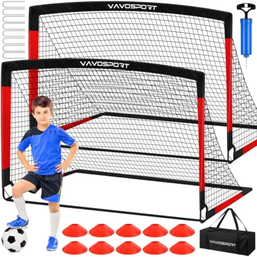 

Backyard kids soccer goals set: portable pop-up 4x3 ft and 6x4 ft nets, durable polyethylene mesh, bright orange and blue, ligh