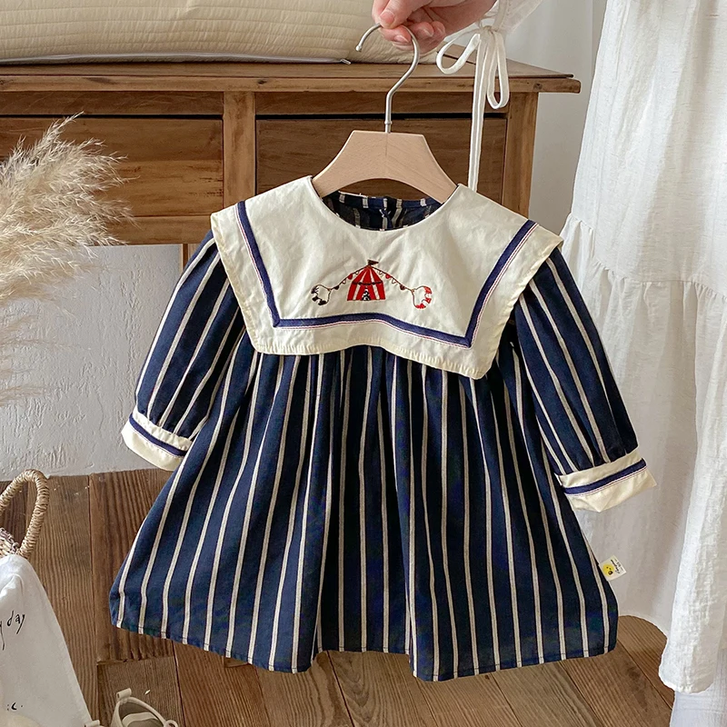 2026 New Autumn European American Style 0-6Yrs Girl Party Dress Long Sleeved Cotton Stripe Splicing Kids Princess Dresses