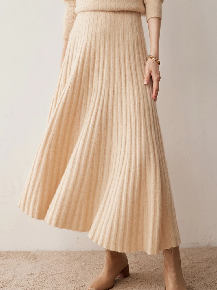 Dream Autumn Winter Women’s 100% Cashmere Skirt A-Line High Waist Long Pleated Skirts Grace Cashmere Dress Korean Style Knitted
