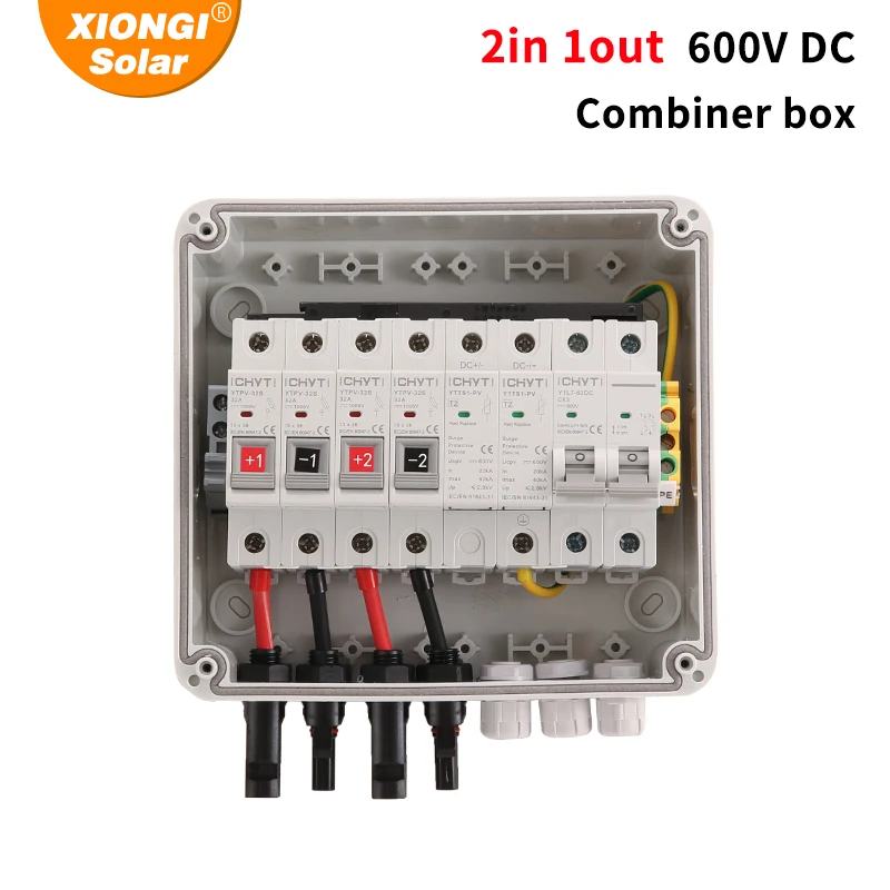 

Solar photovoltaic PV Combiner Box With Lightning Protection 2 Input 1 Output DC 600V Fuse MCB SPD Waterproof Box IP65 pull-outs