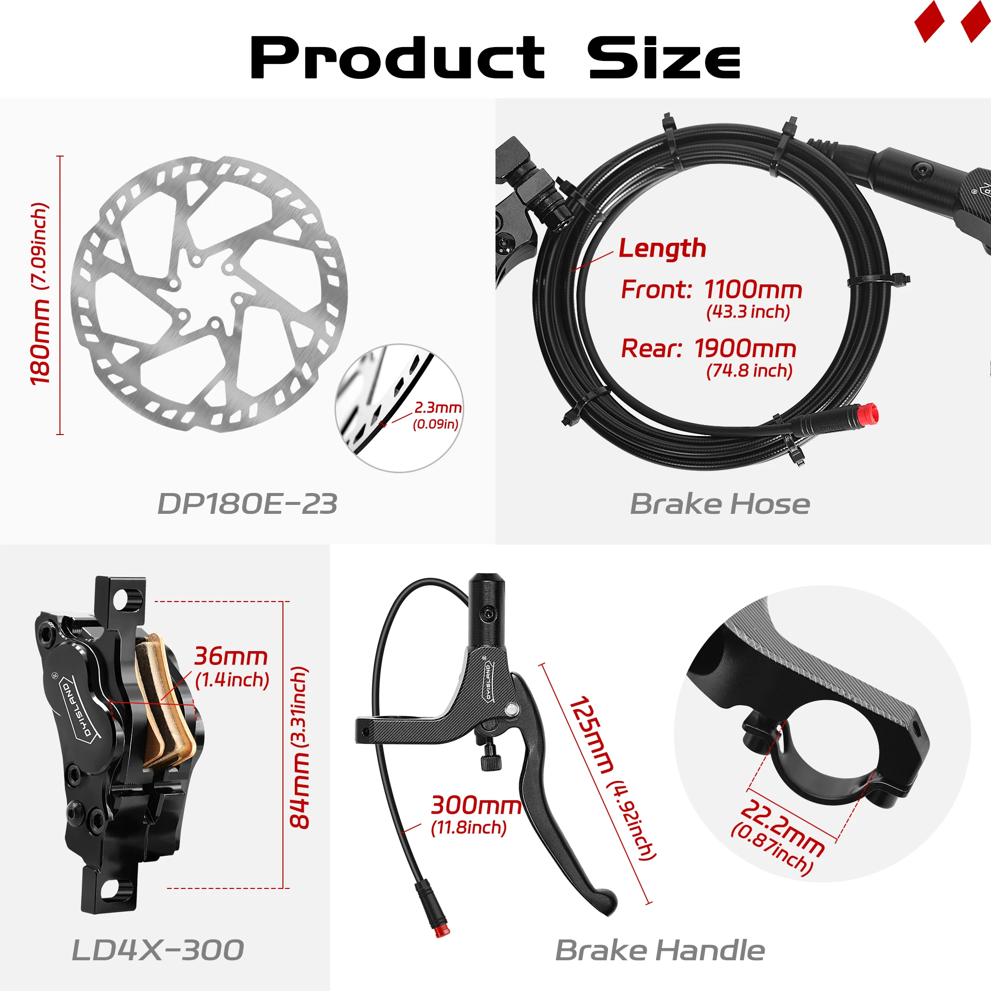 DYISLAND LD4X-300 4Piston E-Bike Frein à disque hydraulique 2-PIN & 3-PIN Power-Off Jeu de freins à disque hydrauliques avec 2P 12, 180mm Rotors