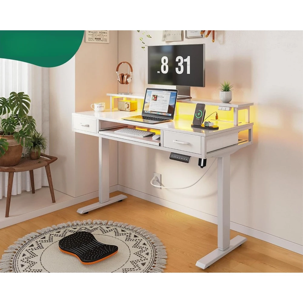 Electric Standing Desk with Drawers & Keyboard Tray, 47 Inch Height Adjustable Small Gaming Desk with Power Outlets & LED Lights