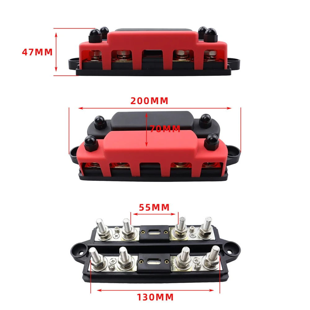 RV Marine Double Row 4 Way Busbar M8 High Current Wiring Stud Busbar 4 Posts with 300A Fuse