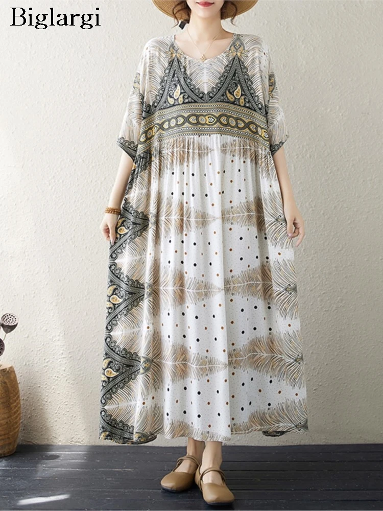 

Oversized Summer New Bohemian Style Print Long V-Neck Dress Women Loose Ruffle Pleated Ladies Dresses Fashion Woman Dress