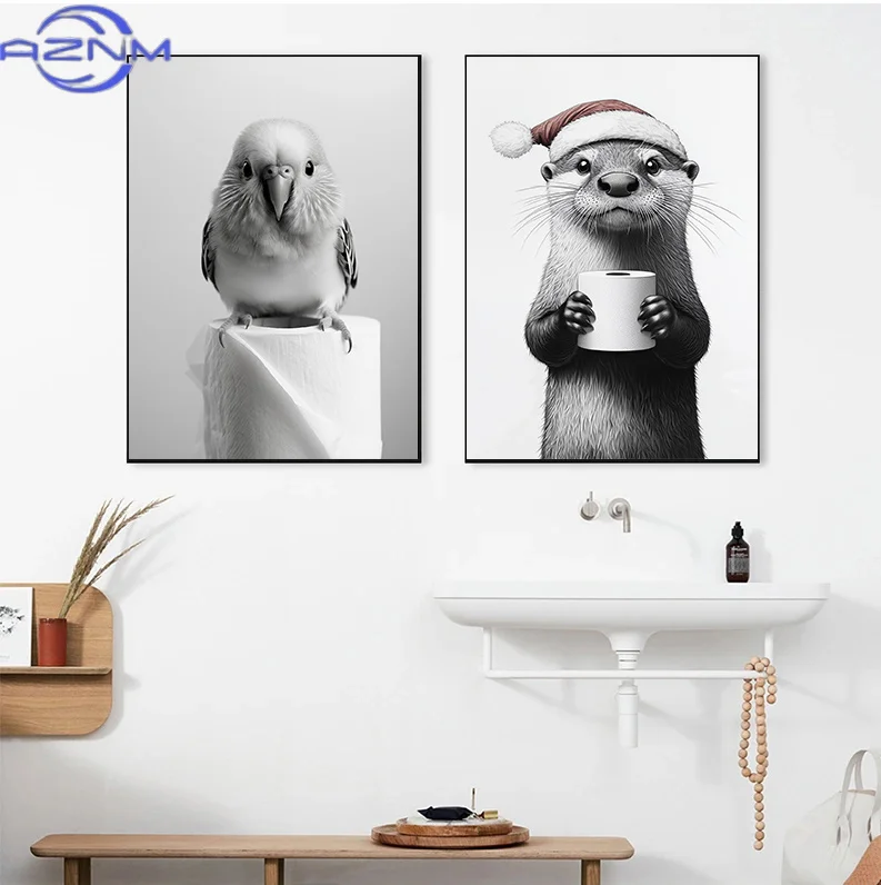 AZNM Black and White Animal Bathroom Poster Owl Christmas Countdown Otter Prints Canvas Painting Wall Art Picture Home Bathroom