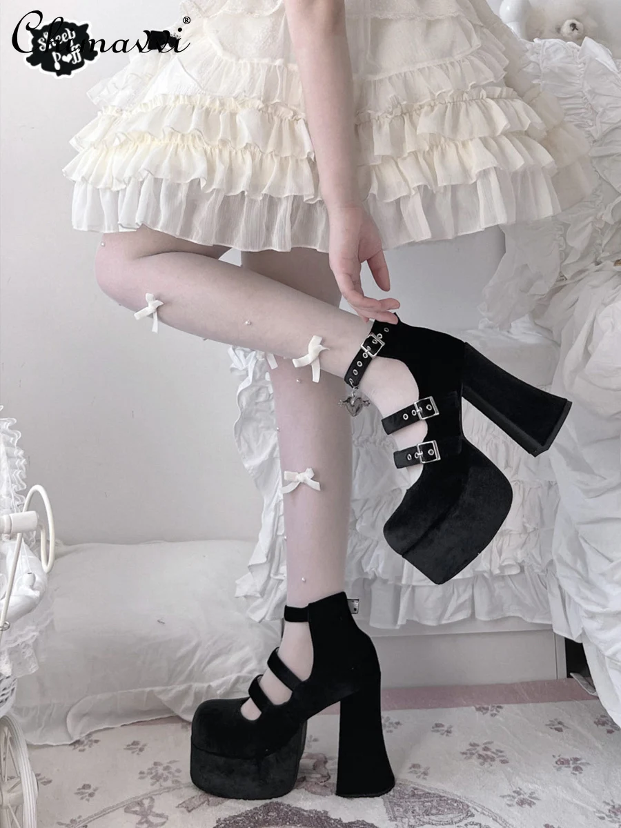 Original Sweet Ladies Elegant Waterproof Platform Leather Shoes Cool Hot Girl High Heels Mary Jeans Chunky Heel Pumps for Women