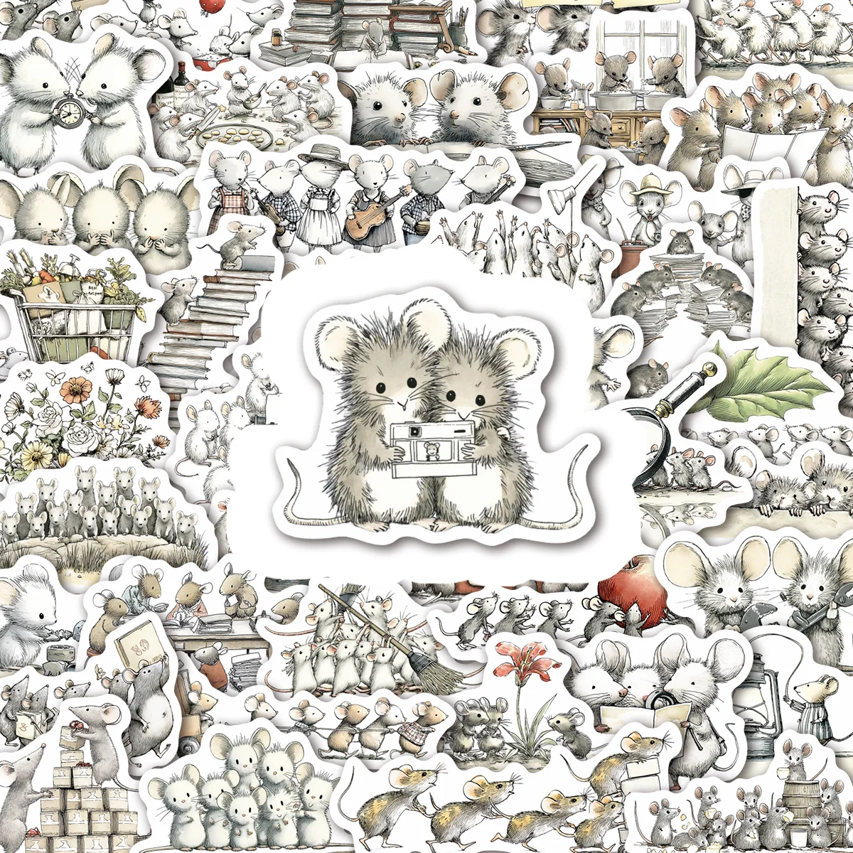 50pcs Vintage Storybook Mouse Stickers | Whimsical Decals for Planner, Diary & Wall Decor, Art Fans & Stationery Enthusiasts