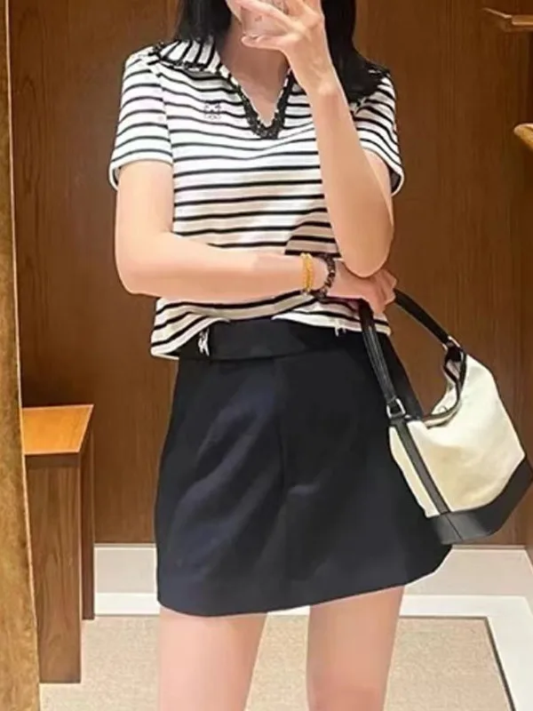 

Quali S Home Summer Classic Striped Diamond Trimmed Collared ort Sve Overhead Knitted T-irt Top DBNY Commute Sle L...