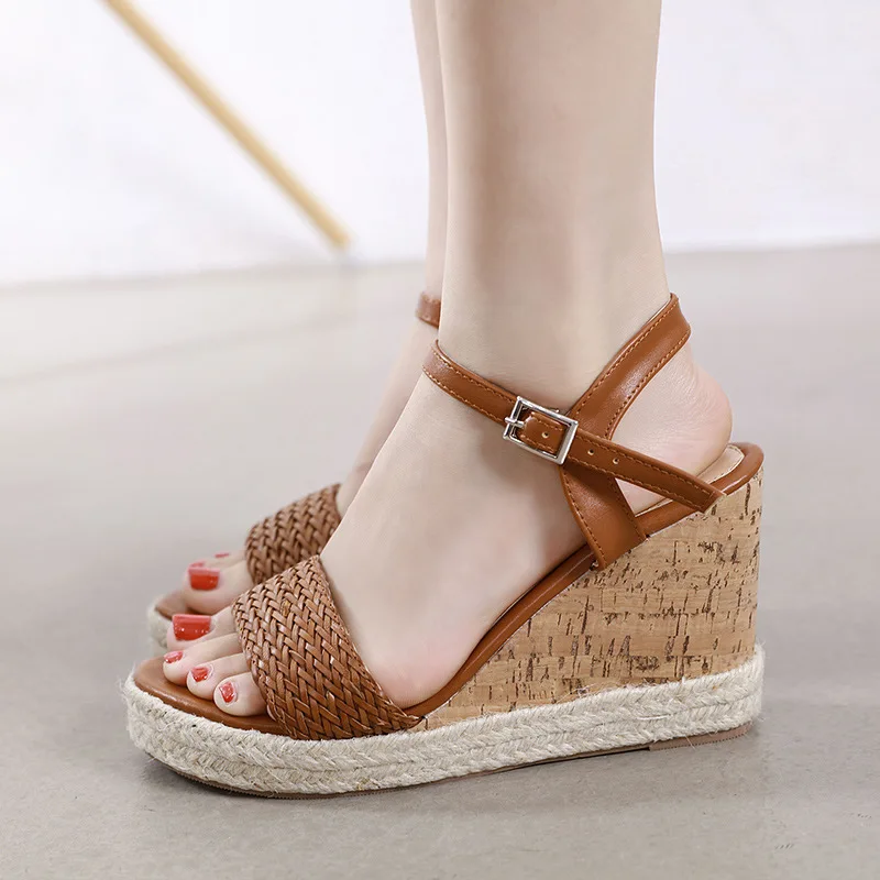 

Women Straw Bottom Wedges Buckle Strap Platform Beach Shoes Knitting Sandals