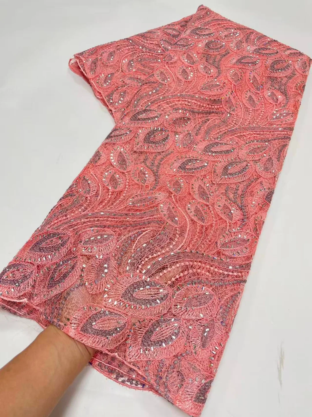 2026 Latest High Quality African Nigerian With Tulle Sewing Guipure Lace Fabric Embroidery Dresses Sequins cotton 5Yards AT2878