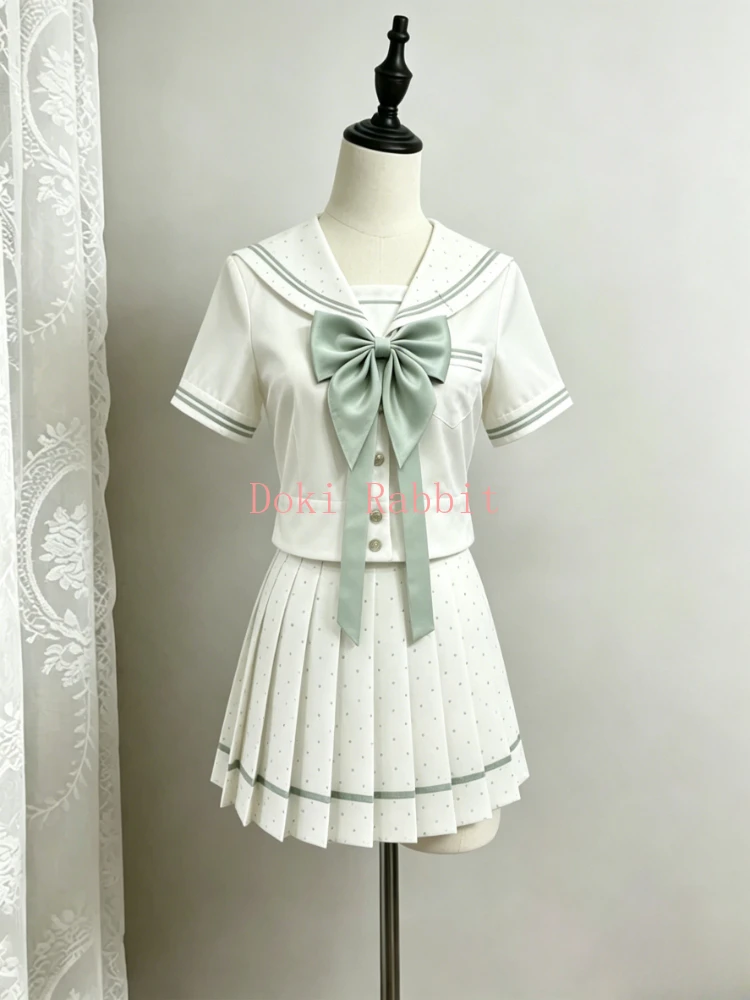 

Summer Japanese Cute Women 2 Piece Set Bow Polka Dot Sailor Collar Jk Uniform Suits Preppy Style Daily Y2k Kawaii Female Outfits
