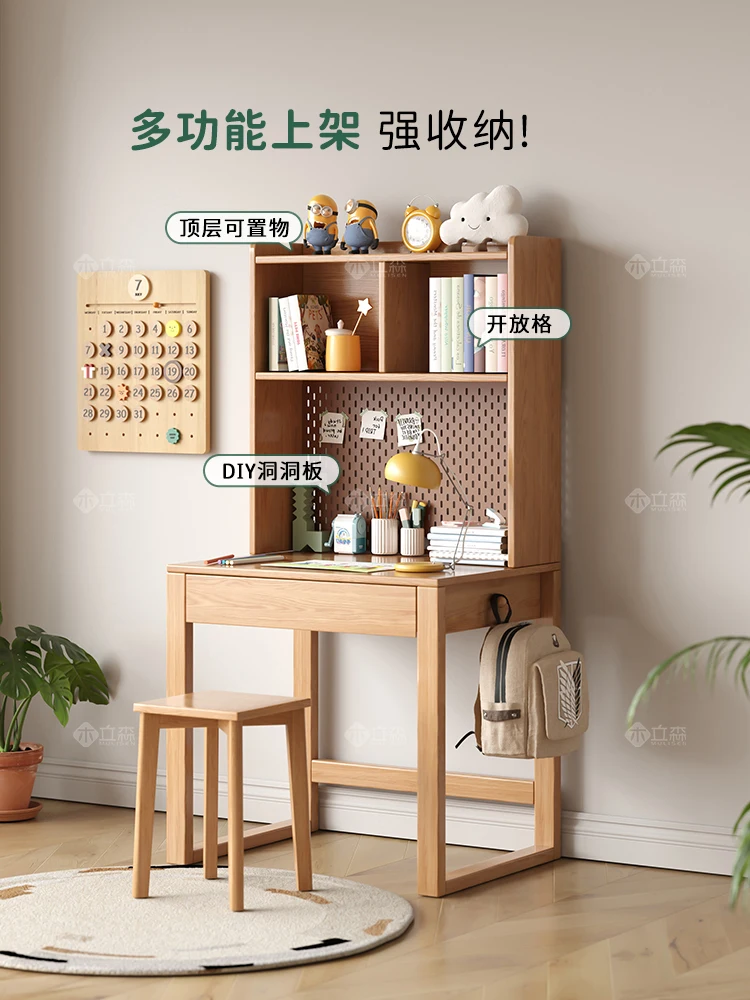 All solid wood oak children's desk bookcase integrated combination study table for primary school students household log