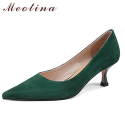 Meotina Genuine Leather Women Shoes Kid Suede Thin Heels Pumps Pointed Toe High Heel Ladies Footwear 2022 Spring Khaki Green 42