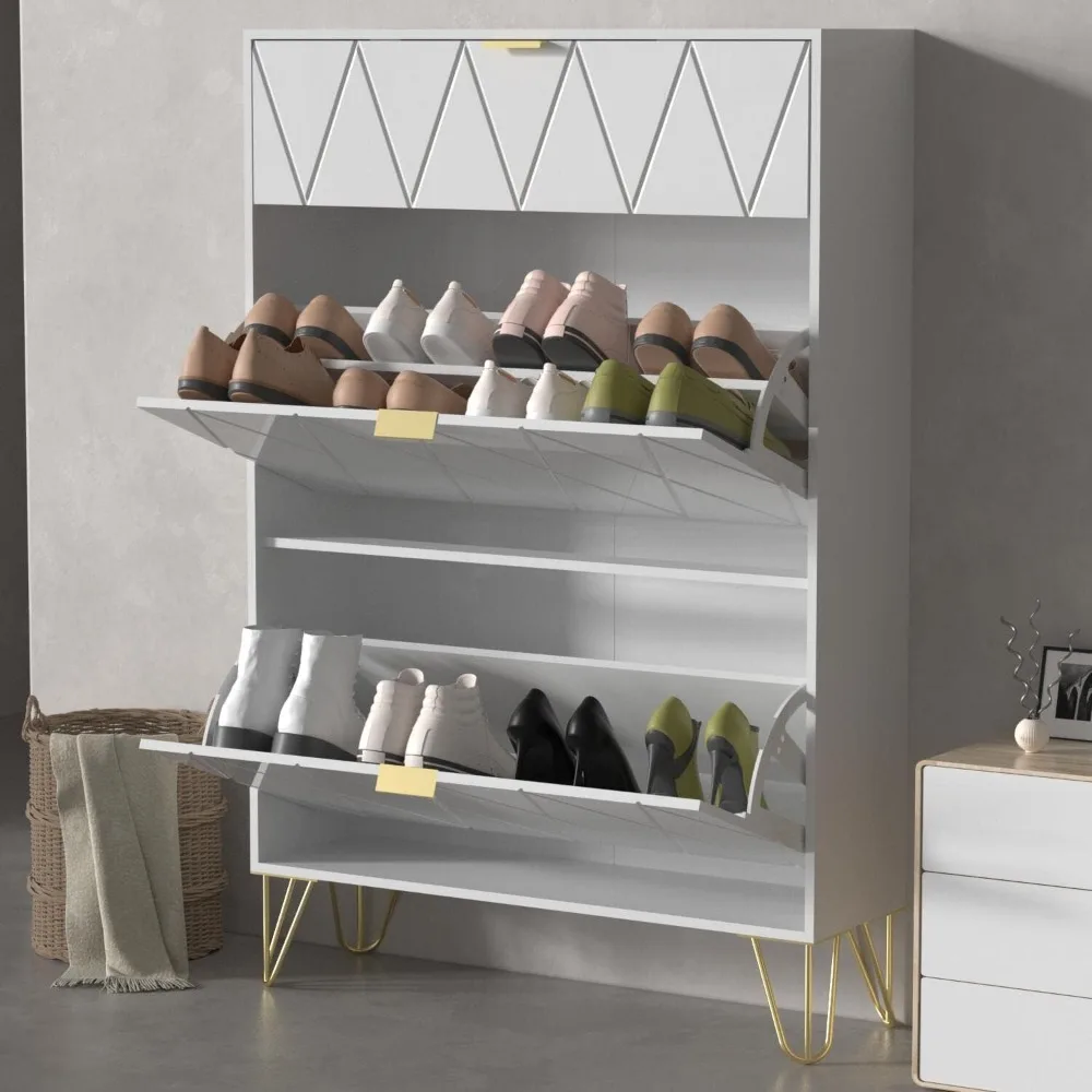 

Shoe Cabinet,Freestanding Shoe Rack Storage Organizer with Drawers & Metal Legs,Modern Shoe Storage Cabinet with 3 Flip Draw