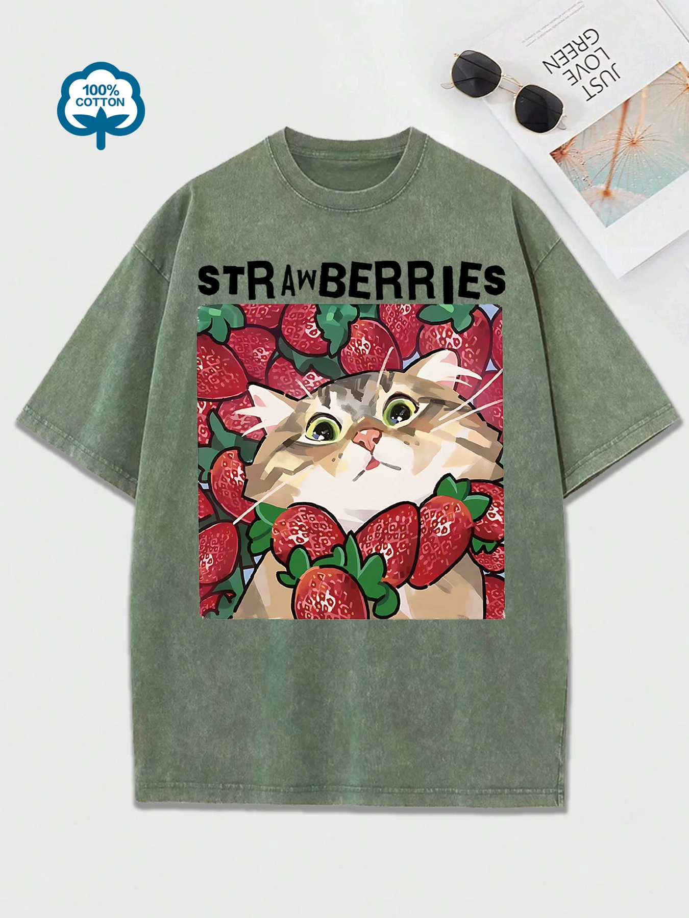 Fashion Women'S Washed Cotton Cute Cat Strawberry Print T-Shirt Vintage Style Short Sleeve Heavy Wash T Shirt Unisex view 2