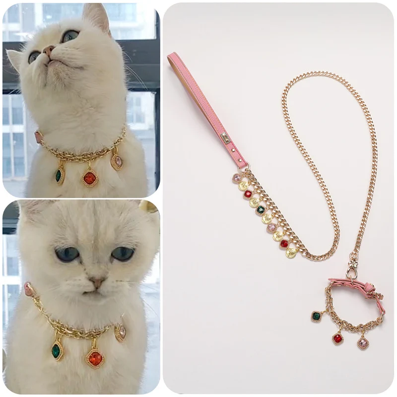 

Delicate Imitation Pearls Pet Collar and Leash Luxury Cute PU Leather Puppy Necklace for Wedding Party Birthday Pet Accessories