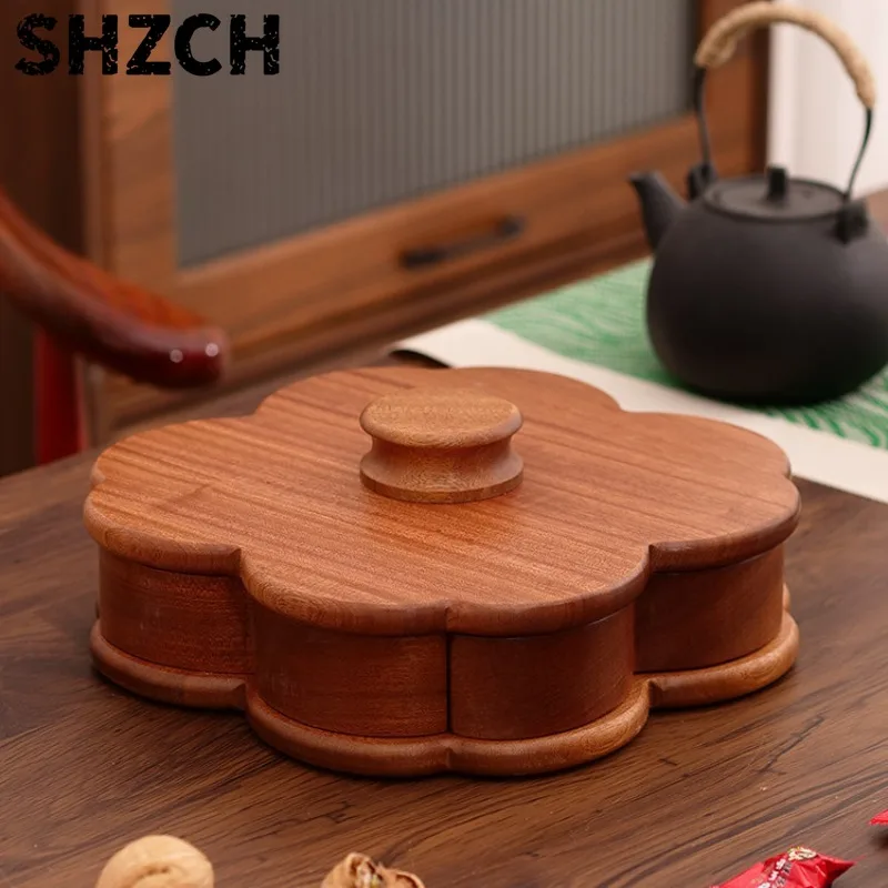 Premium Solid Wood Compartment Candy Dish Luxury Nut Holder Tray New Chinese Style Snack Organizer Home Decor Storage Box