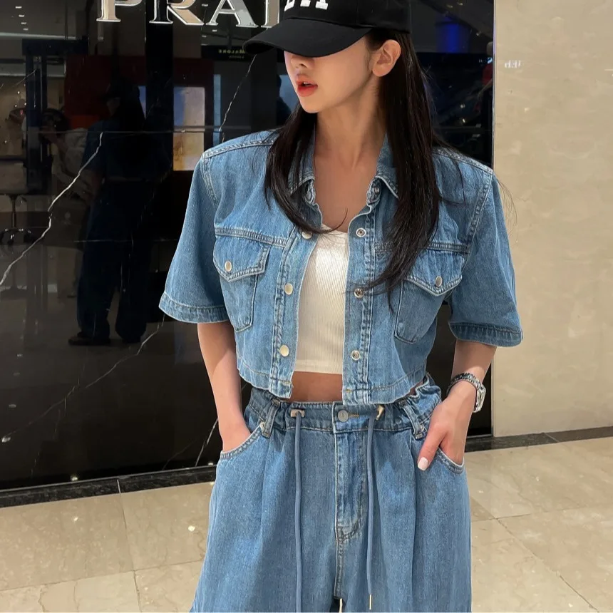 

Washed Blue Short Denim Shirt Women's Padded Shoulder Summer New Style Korean Chic Retro Fashion Casual Top Female Blouse