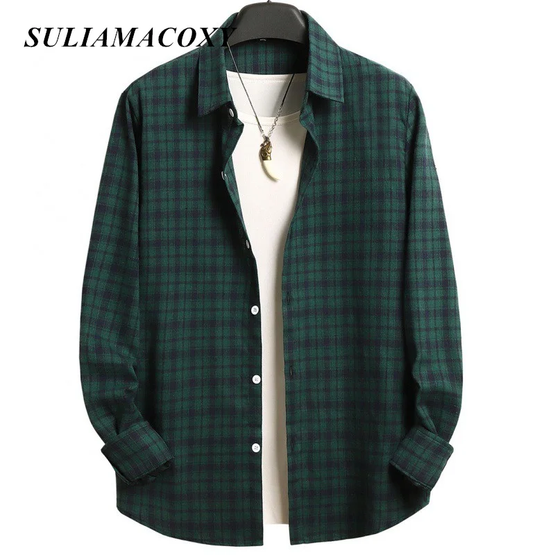 Men\'s Plaid Shirt Long Sleeve Brushed Men\'s European Casual Menswear Christmas Green