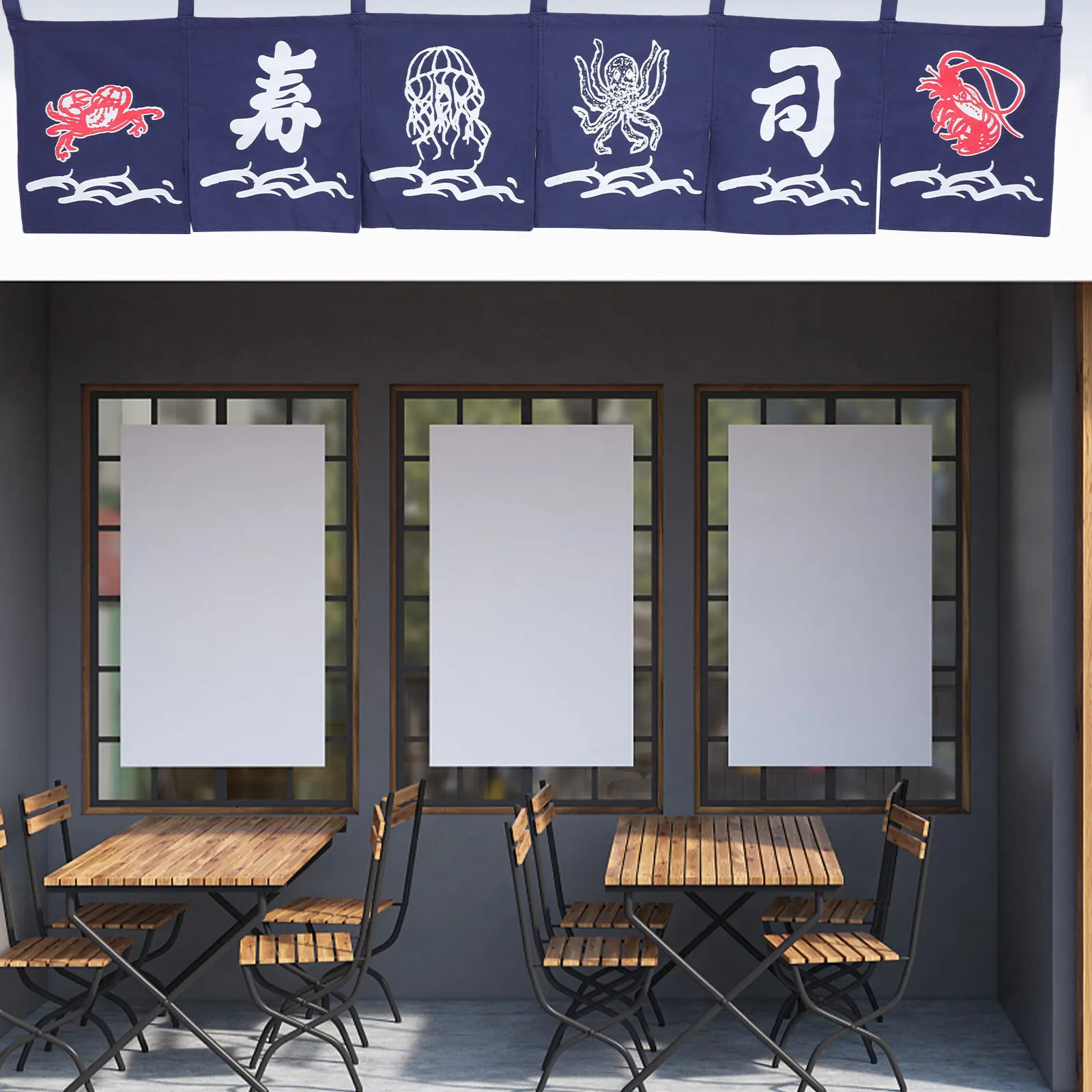1Set Sushi Style Hanging Curtain Japanese Polyester Doorway Curtain Blue Restaurant Decor Feng Shui Pendant Door Hanging Banner