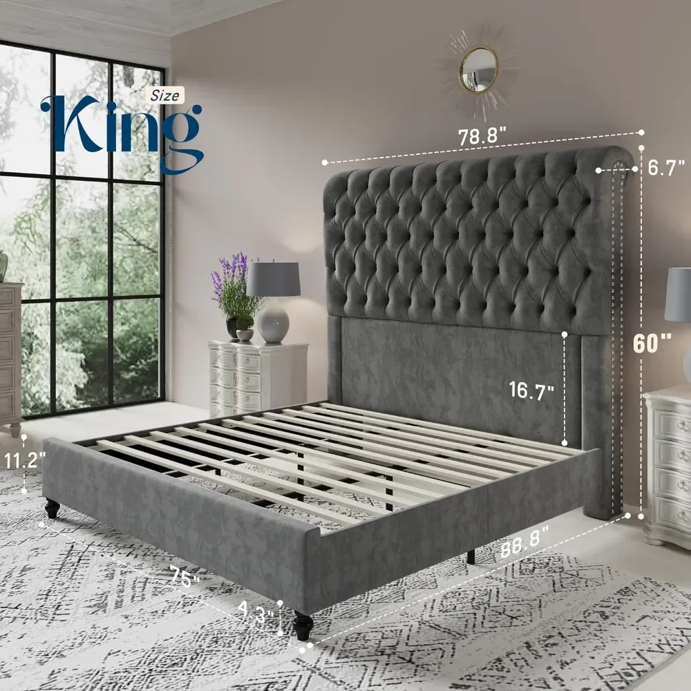 Bed Frame with Sleigh Headboard, Velvet Upholstered Platform Beds, King Size Bed Frame