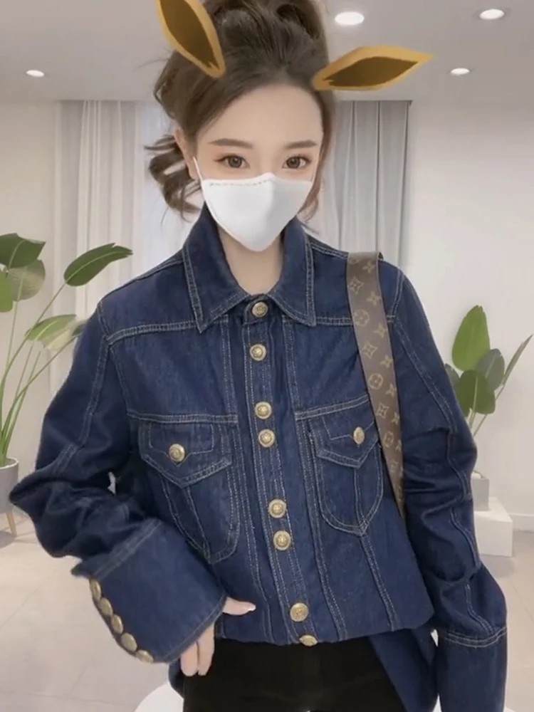 

Retro European Blue Thiened Elastic Slim Fit Women's Denim irt Metal Bule Winter New Sle Korean Version Collar L...