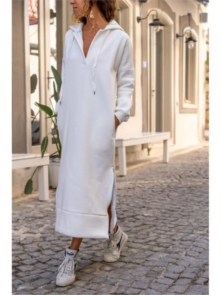 Nice Autumn And Winter New Women's Warm And Loose Hoodie Dress Commuting Style Casual Hooded V-neck Slit Hoodie Long Skirt