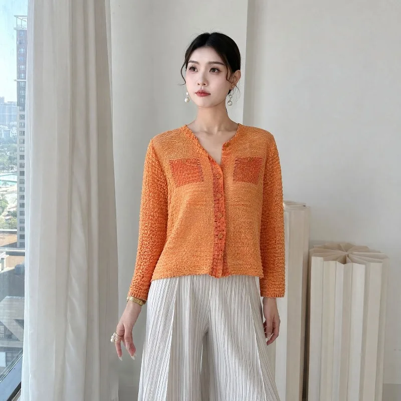 Miyake Pleated 2026 New Original Summer Fashion Gradient Color Pleated Shirt Buttoned Versatile Pocket Knitted Cardigan Pleat