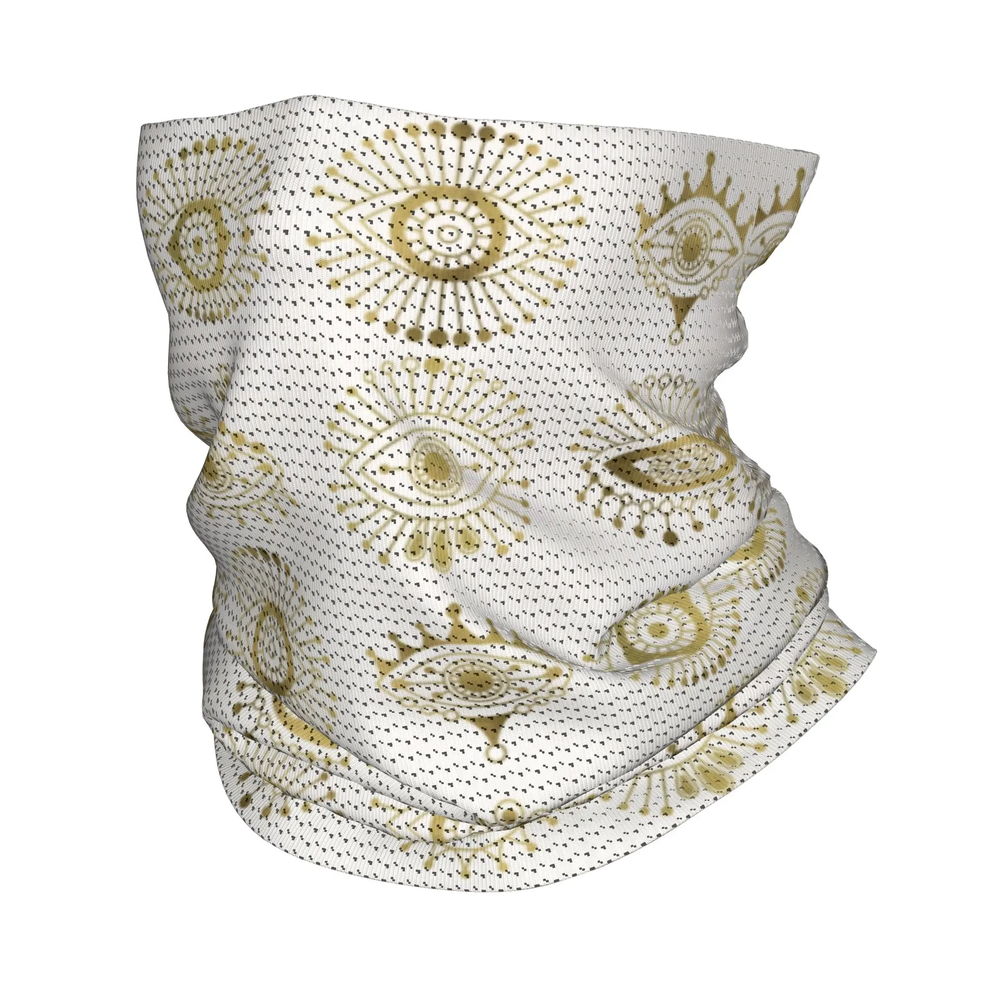 

Custom Boho Evil Eyes Hamsa Bandana Neck Gaiter for Hiking Camping Wrap Scarf Gold Palette Moroccan Morocco Balaclava Warmer