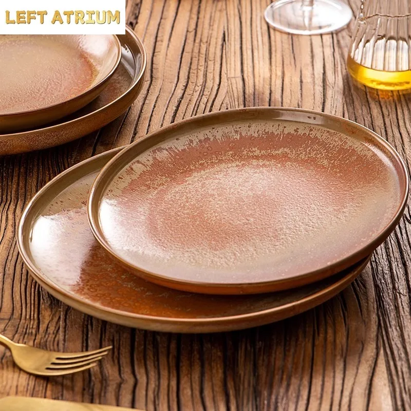 Kiln Changes Yellow Ceramic Plate Vintage Steak Plate Italian Pasta Plate Dessert Salad Plates Artistic Conception Tableware