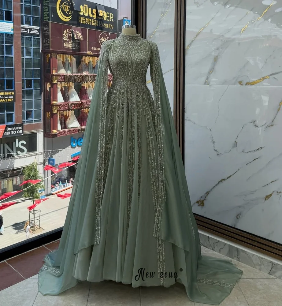 Vestidos de noche en verde salvia empolvado, corte en A, modestos, con cuello alto, para fiesta de compromiso, personalizados, para la madre de la novia, para mujeres musulmanas.