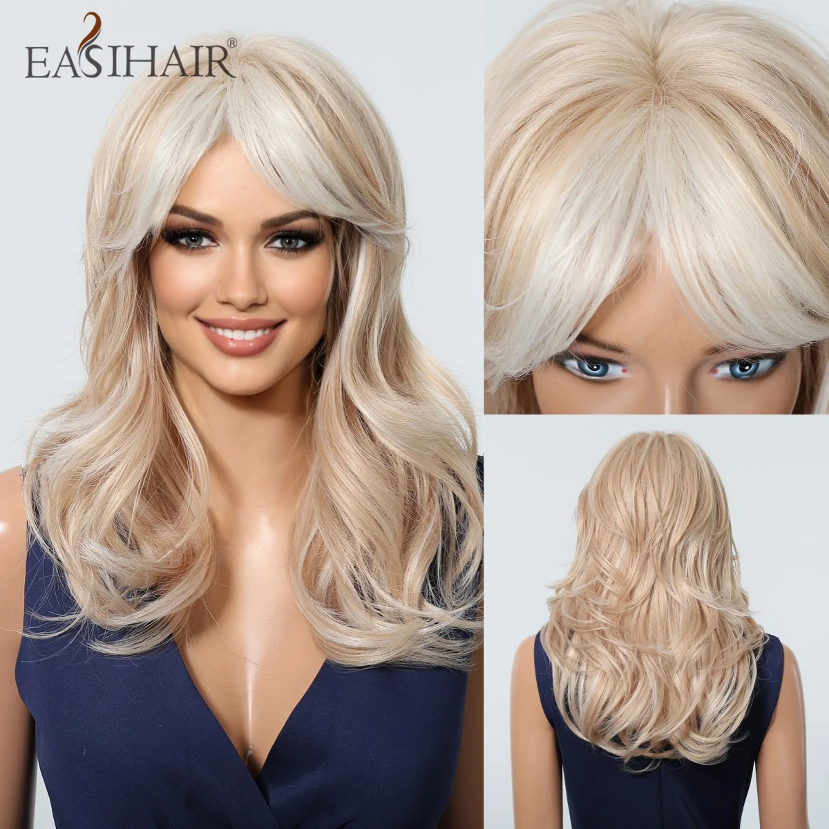 

EASIHAIR Medium Length Wavy Synthetic Wig Mixed Ash Blonde Wig with Bangs Natural Hair Cosplay Wigs for Women Heat Resistant