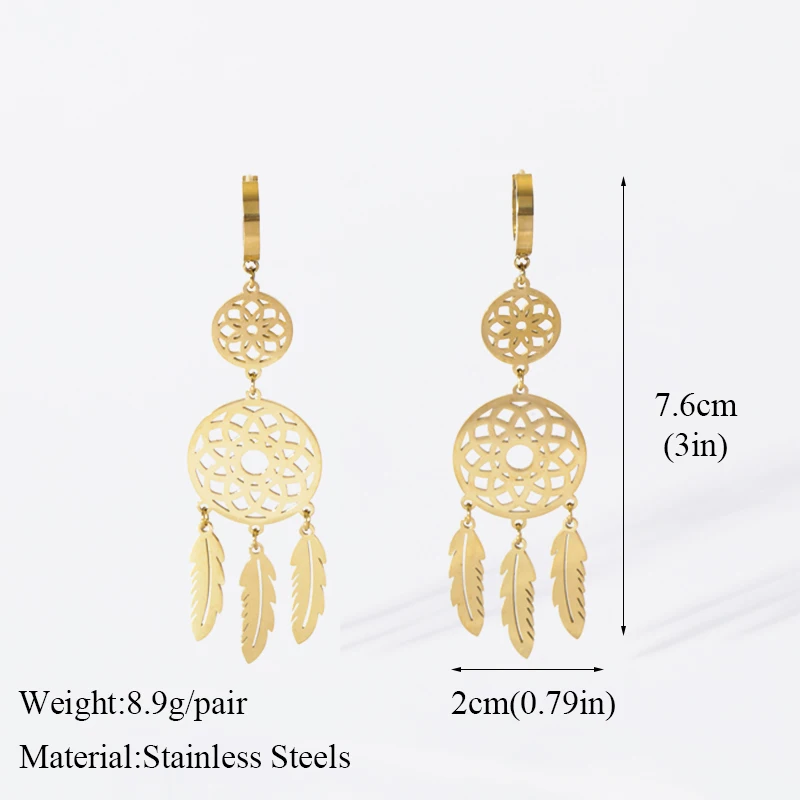 EILIECK 316L Stainless Steel Feather Dream Catcher Dangle Earrings For Women 2024 New Fashion Ear Drop Waterproof Jewelry Gift