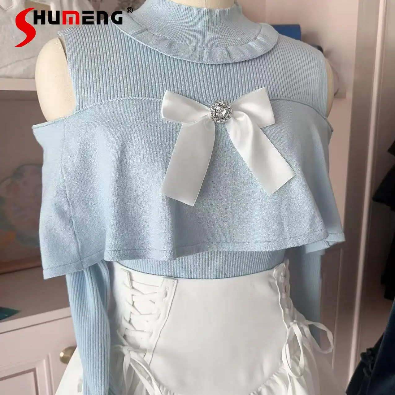 Japanese Sweet Cute Knitted Sweater Round Neck Off-shoulder Long Sleeve Versatile Bow Thin Bottoming Pullovers Tops Women Autumn