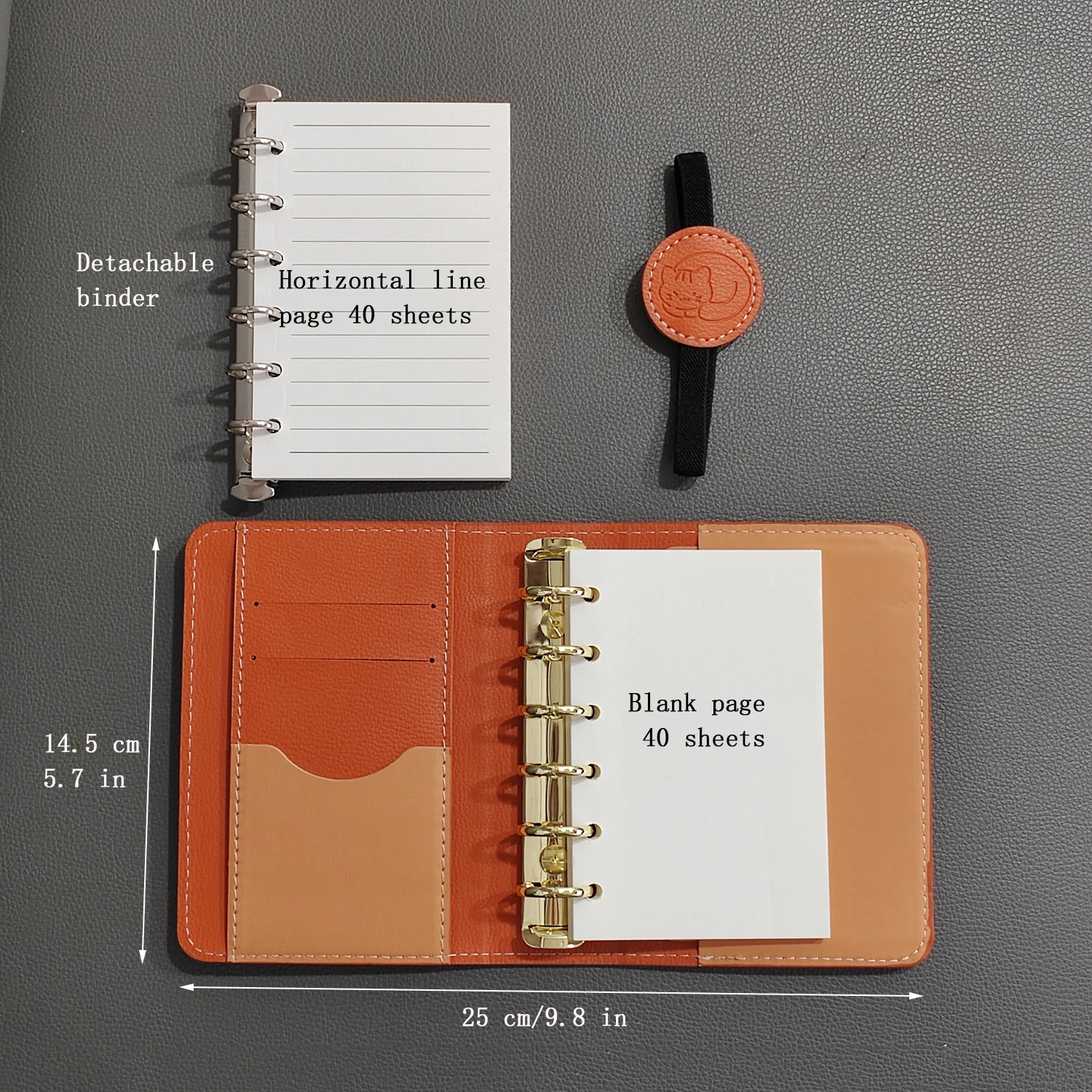 Cute cat A7 notebook retro brown detachable loose-leaf notepad 2 binders portable leather schedule planner，whith 80 pages
