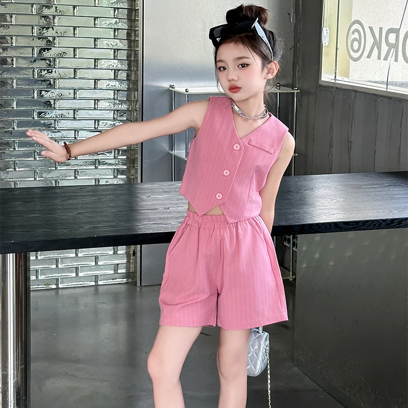 

summer 10 12 14 junior girls Vest short clothes set pink shorts vest tops short 2pcs teenage girls suit children outfits meisjes