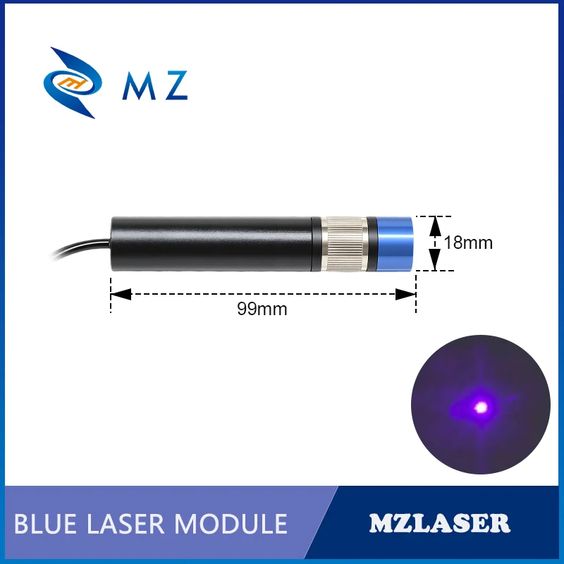 Adjustable Focusing Blue and Violet Dot Laser Module 405nm D18mm 200mW 500mW 5V 12V 24V Industrial Grade for Woodworking Parts