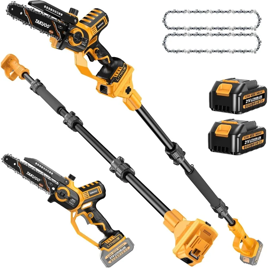 2IN1 전기 폴쏘우 8인치 미니 전기톱 무선 연장봉 포함 21V 2×4.0Ah 배터리 구동 폴쏘우 최대 15피트 도달 가능