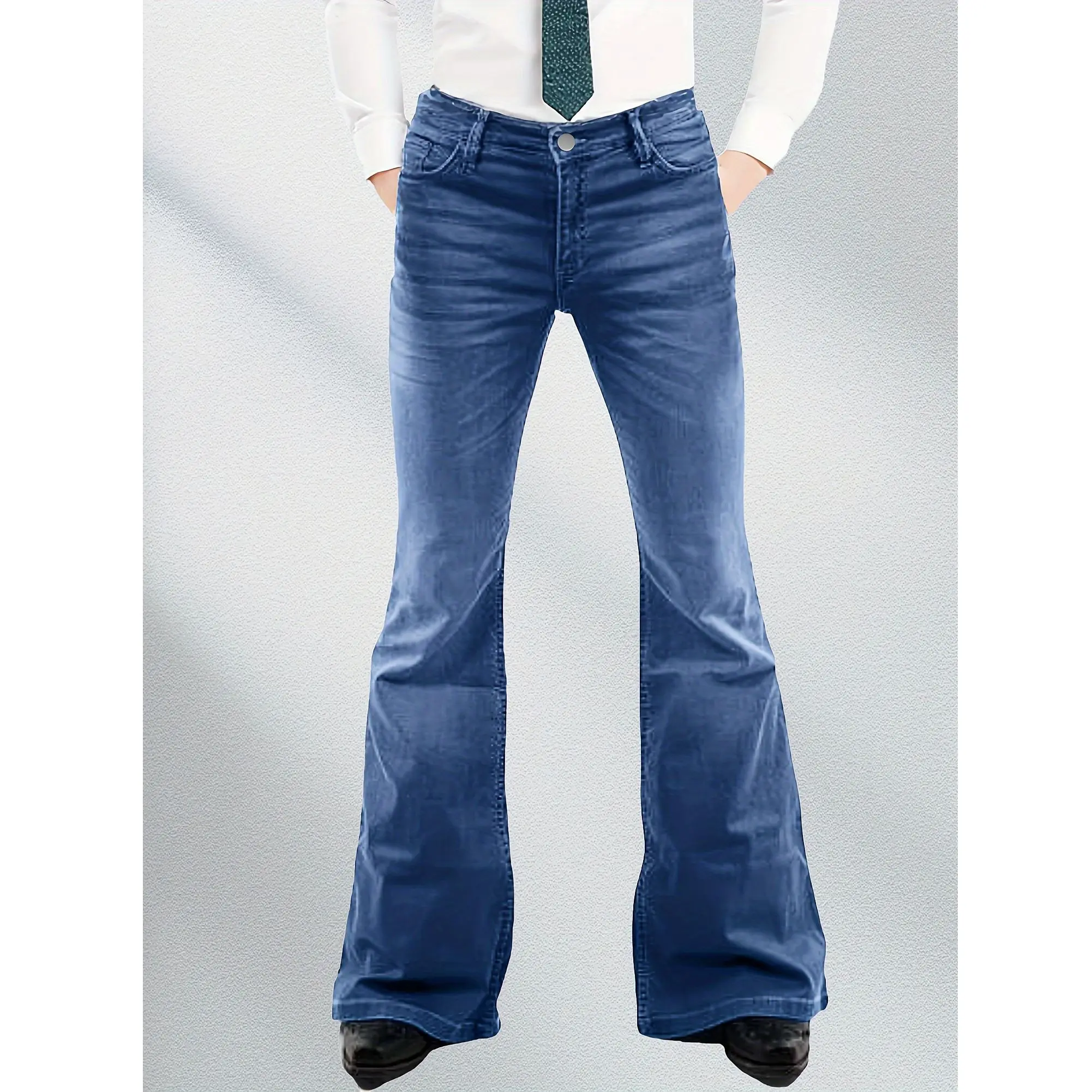 Europese en Amerikaanse trompetdiscobroek voor heren, modetrend, blauwe jeans, retro elegante micro-elastische herenbroek met wijde pijpen