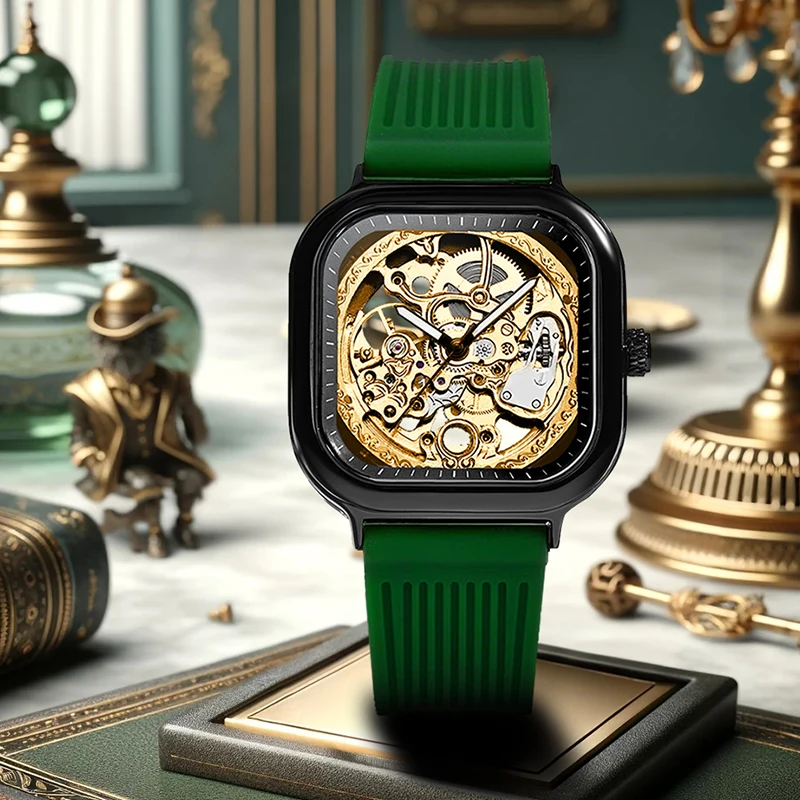 

A men's black and green fashion minimalist square-dial mechanical watch with a tape strap