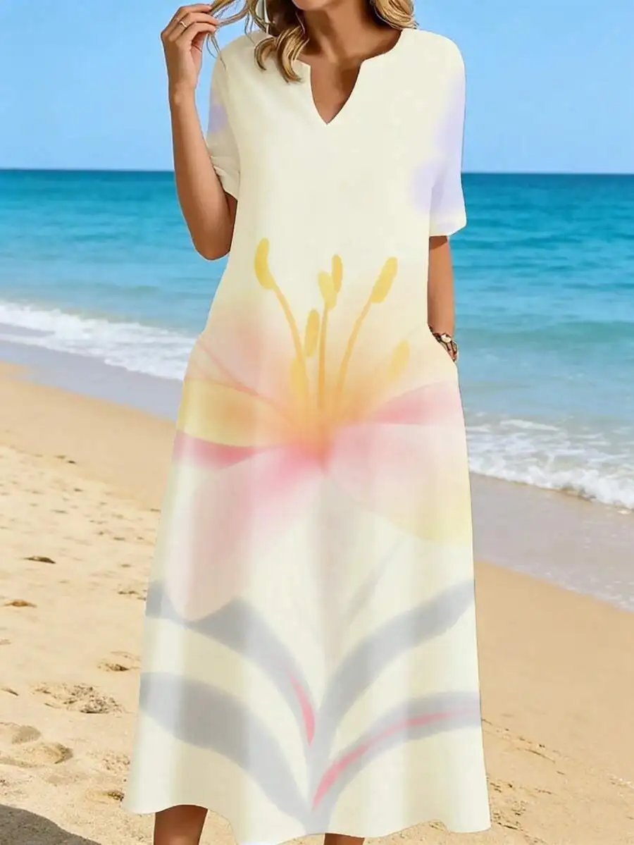

V Neck Midi Dress Cream Large Floral Print Beach Summer Dress For Women Casual Vacation Flowy