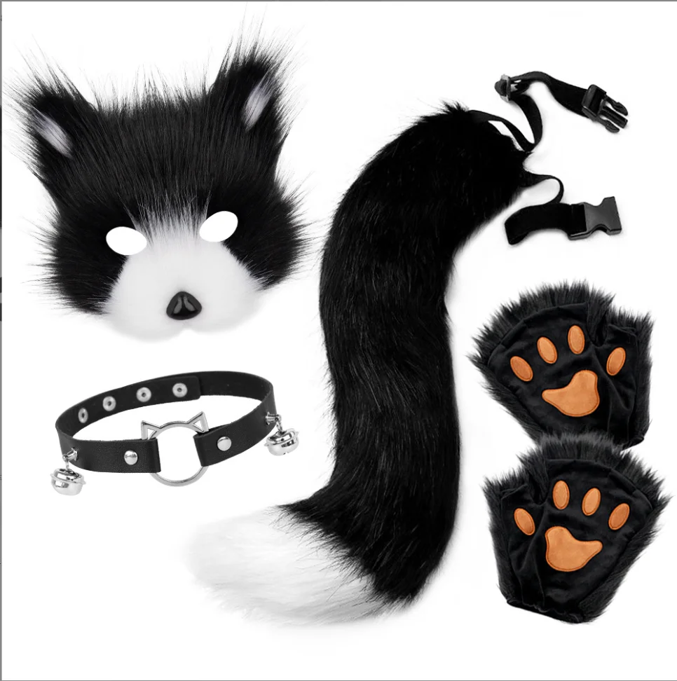 5pcs Hot Sale Fluffy Fur Fox Tail Cat Paws Gloves Wolf Mask Set Halloween Cosplay Costume Accessories Theme Party Dress Up Props