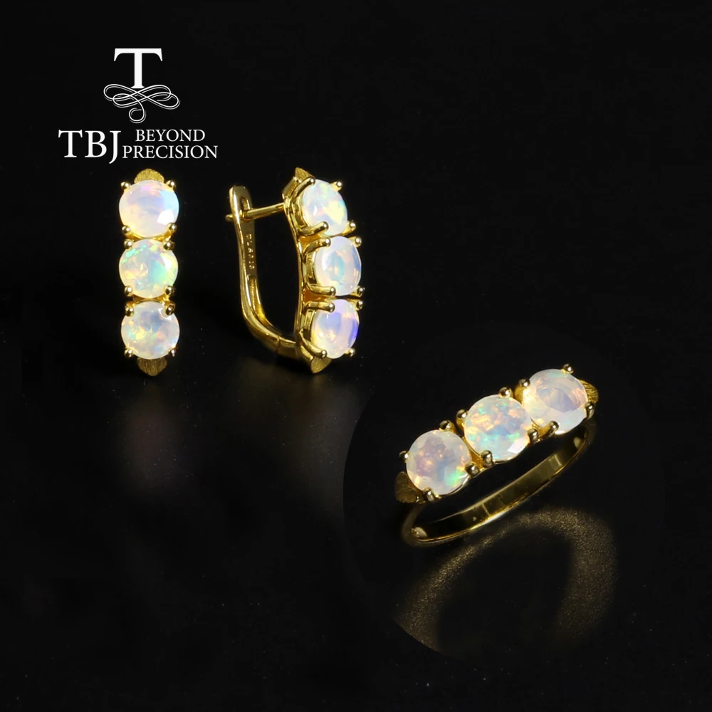 925 Silver opal Ring Earrings Jewelry Set natural gems fine jewelry heart shape design 18k gold yellow plating jewelry for women