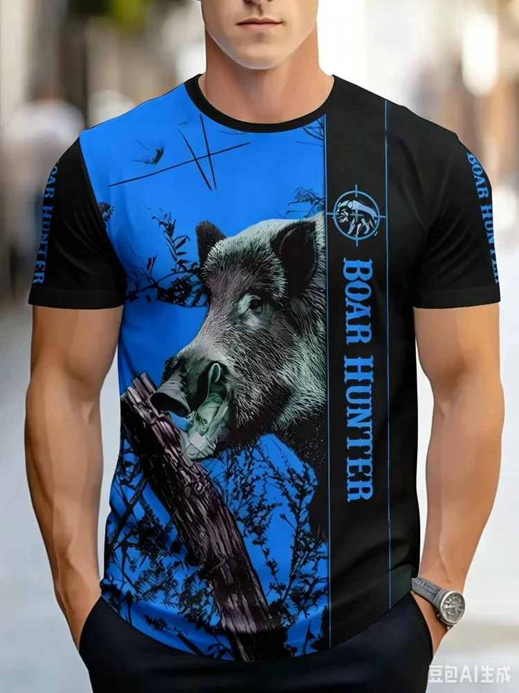 Fashion Boar Hunter Wild Boar Camo Green Split Print Men T-shirt Hunting Outdoor Casual Short Sleeve Tops Trend Man Clothes