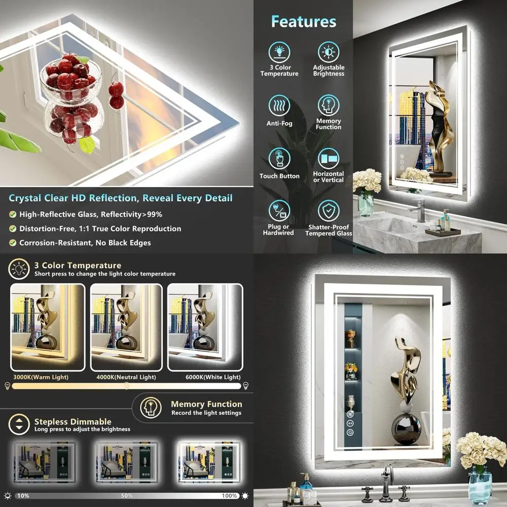 

Зеркало для ванной комнаты со светодиодной подсветкой 20x28 дюймов, подсветка и передняя подсветка, защита от запотевания, 3 цветовых режима, регулировка яркости, закаленное стекло, небьющийся режим